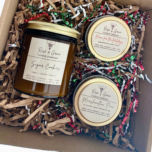 holiday gift set- 7oz amber jar candle + two holiday tins