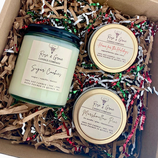 holiday gift set- 7oz clear jar candle + two holiday tins